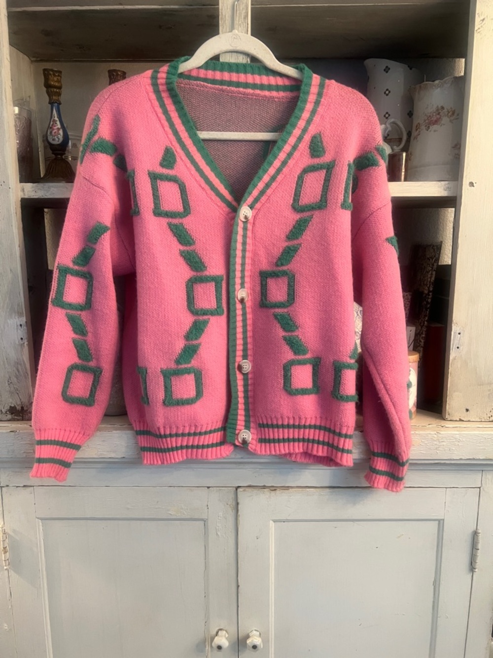 Pink and Green Geometric Button-Front Cardigan Sweater Size Small EUC !!!!